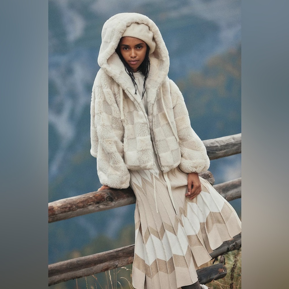 Anthropologie Cropped Faux Fur Hoodie Jacket